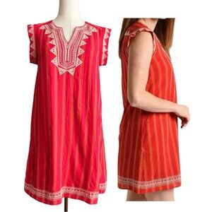 THML Red and Orange Striped Embroidered V-Neck Mini Dress